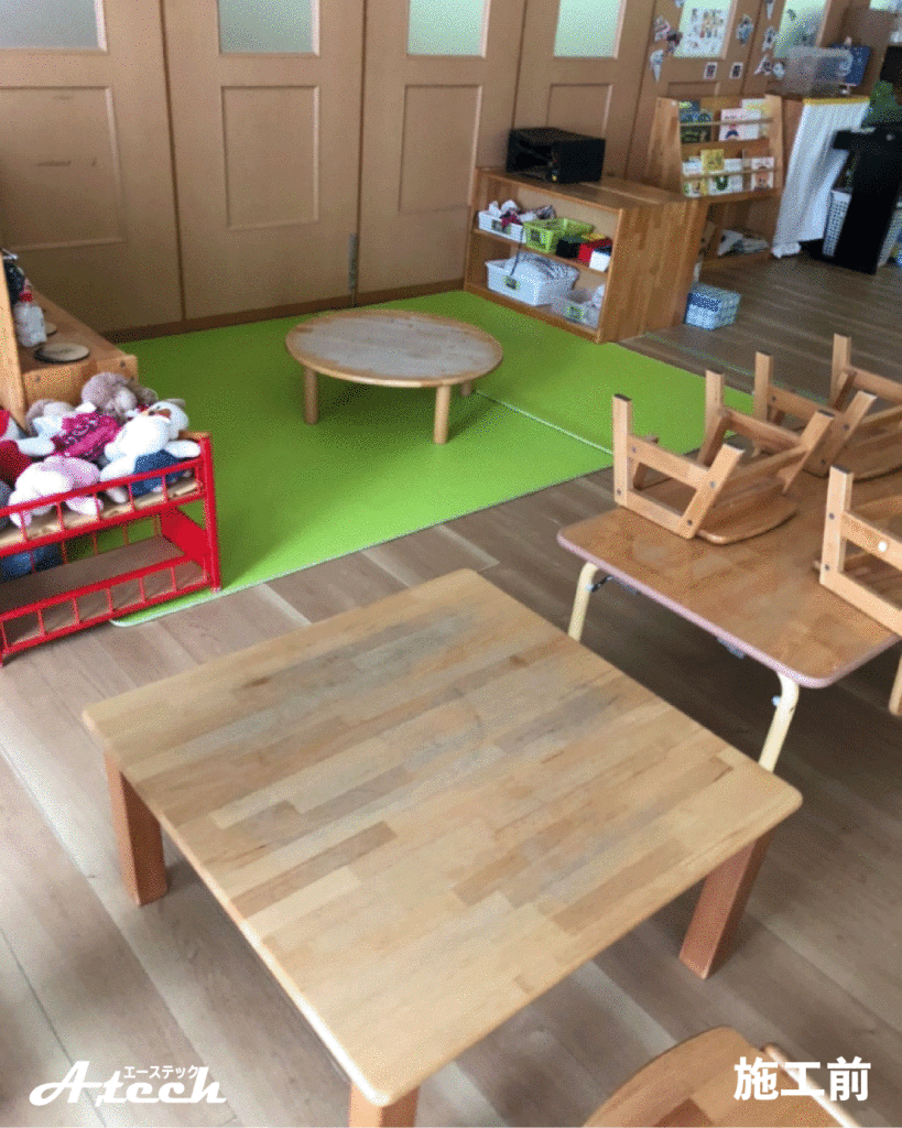 UVコーティング施工前の園児用木製テーブル（沖縄県・幼稚園）