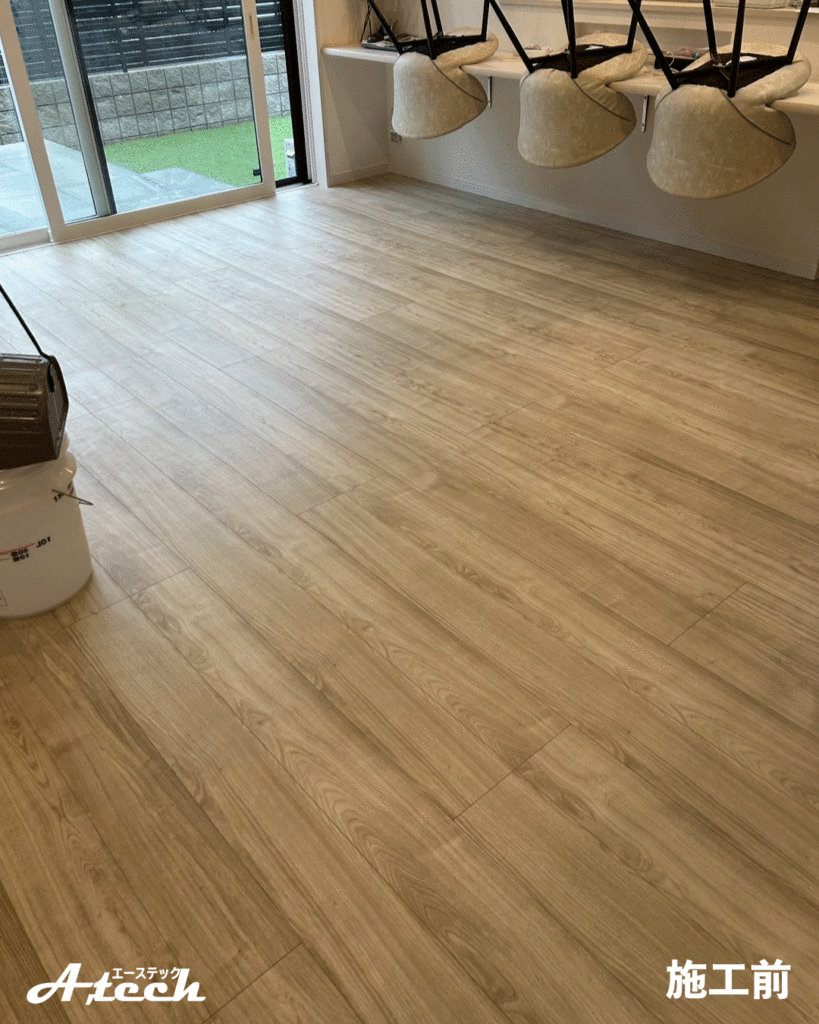 ガラスフロアコーティング施工前のフローリング（沖縄県糸満市・新築戸建て）