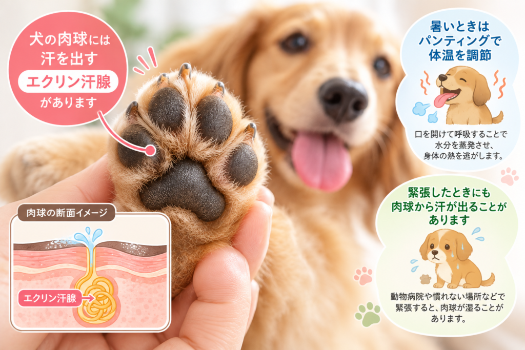 飼い主が優しく持ち上げた犬の前足と肉球のアップ写真。犬の肉球にある汗腺や発汗の仕組みについて紹介。