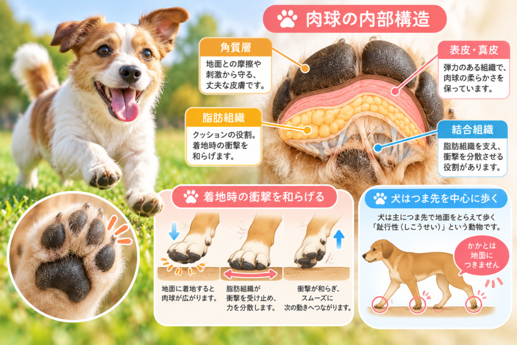 芝生の上を走る犬と肉球の内部構造を示したイラスト。脂肪組織などが着地時の衝撃を和らげる仕組みを紹介。