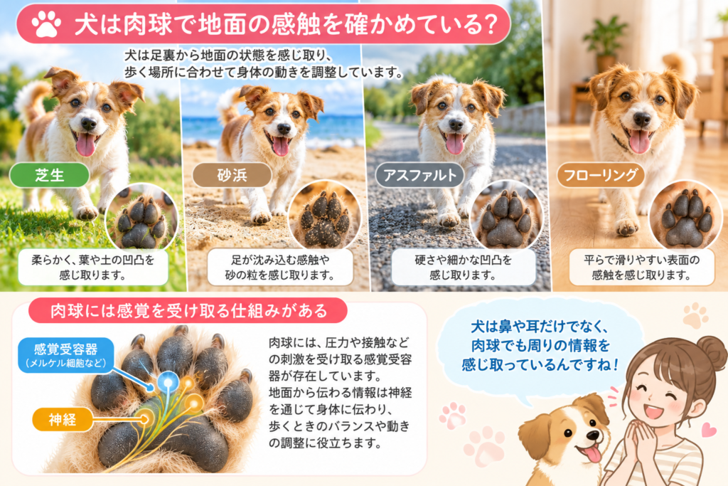 芝生や砂浜、フローリングの上を歩く犬の比較画像。肉球が地面の感触や刺激を感じ取る働きを紹介。