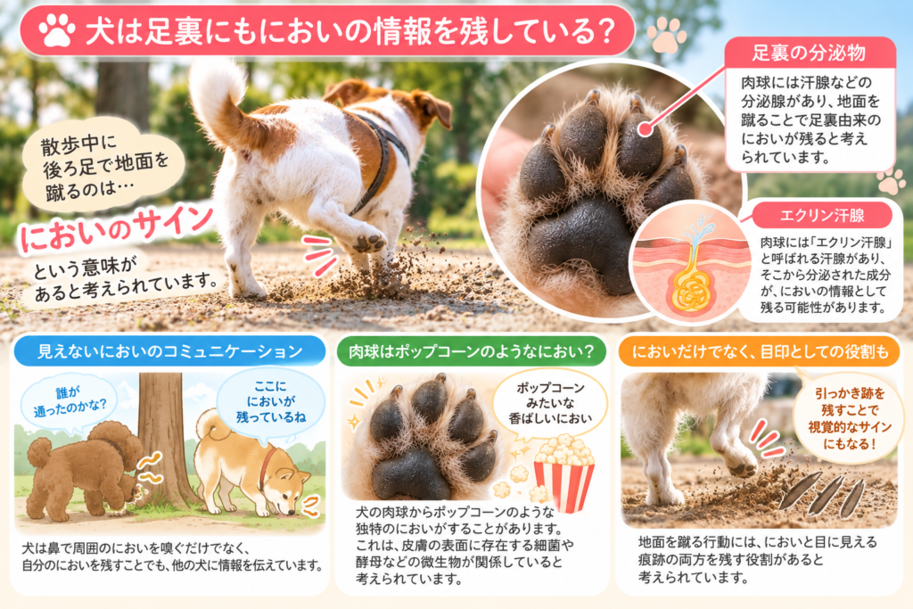 散歩中に後ろ足で地面を蹴る犬と肉球のアップ画像。足裏の分泌物やにおいを使った犬同士のコミュニケーションについて紹介。