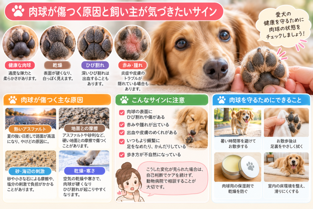 飼い主が犬の足を優しく持ち、肉球の乾燥やひび割れ、赤みなどの異常がないか確認している様子。