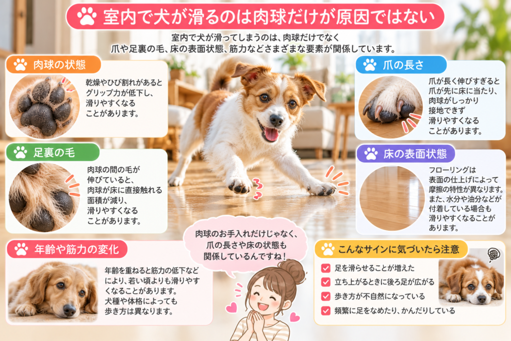 フローリングの上を歩く犬と、室内で滑りやすくなる原因を紹介した画像。肉球の状態、爪の長さ、足裏の毛、床の表面状態について解説。