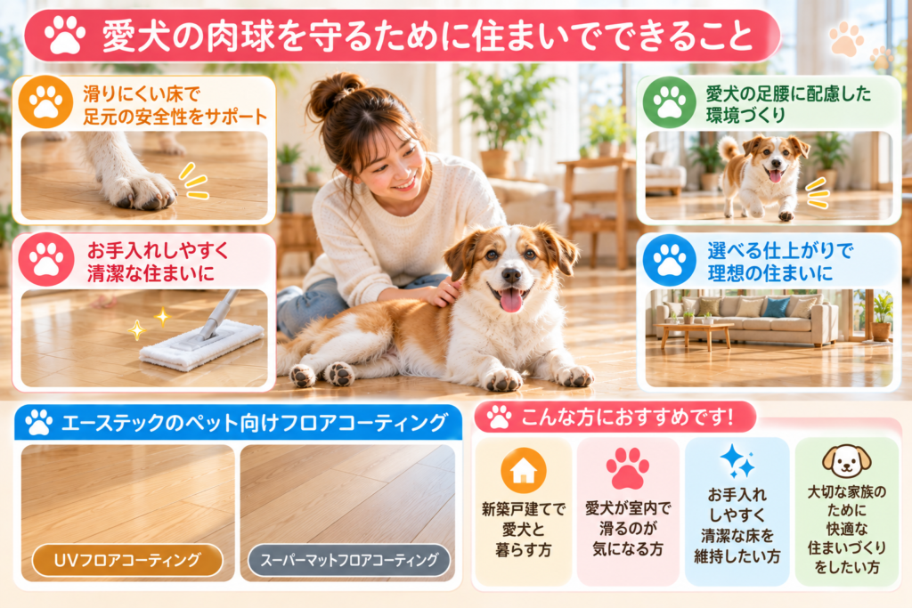 沖縄県中城村の新築戸建てをイメージした明るいリビングで、飼い主と愛犬がくつろぐ様子。犬の足元に配慮した住環境づくりを紹介。