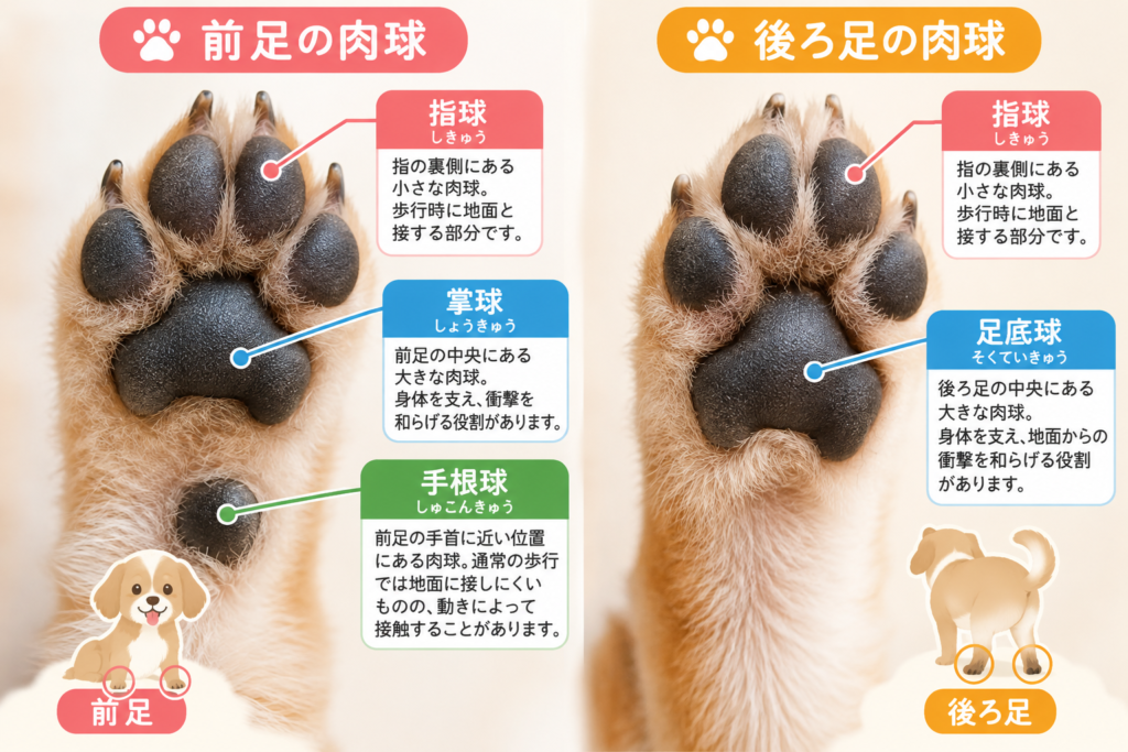 犬の前足と後ろ足の肉球の構造を比較したイラスト。指球・掌球・手根球・足底球の名称と位置を紹介。